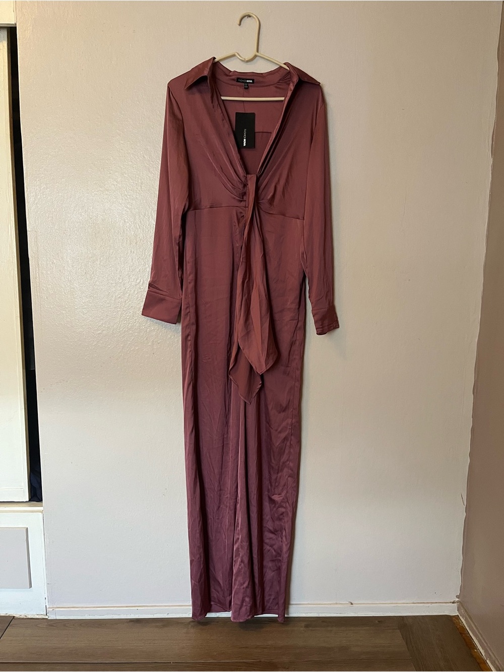 Fashion Nova Mauve Long-Sleeve Tie-Front Jumpsuit